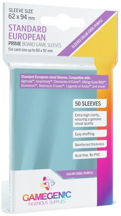 Gamegenic Prime Board Game Sleeves - Size Code PURPLE - Standard European-Sized (62mm x 94mm) (50 Sleeves Per Pack)