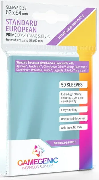 Gamegenic Prime Board Game Sleeves - Size Code PURPLE - Standard European-Sized (62mm x 94mm) (50 Sleeves Per Pack) - Image 2